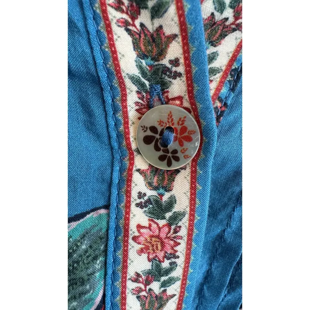 Farm Rio Wonderful Bouquet Floral Blue Long Sleeve Blouse Size Small